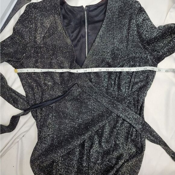 VINTAGE 70s silver sparkle long sleeve v-neck tie back maxi gown dress L - Picture 9 of 11